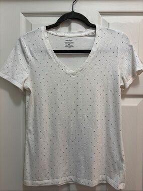 Lord & Taylor White V-Neck Tee with Black Micro Dots